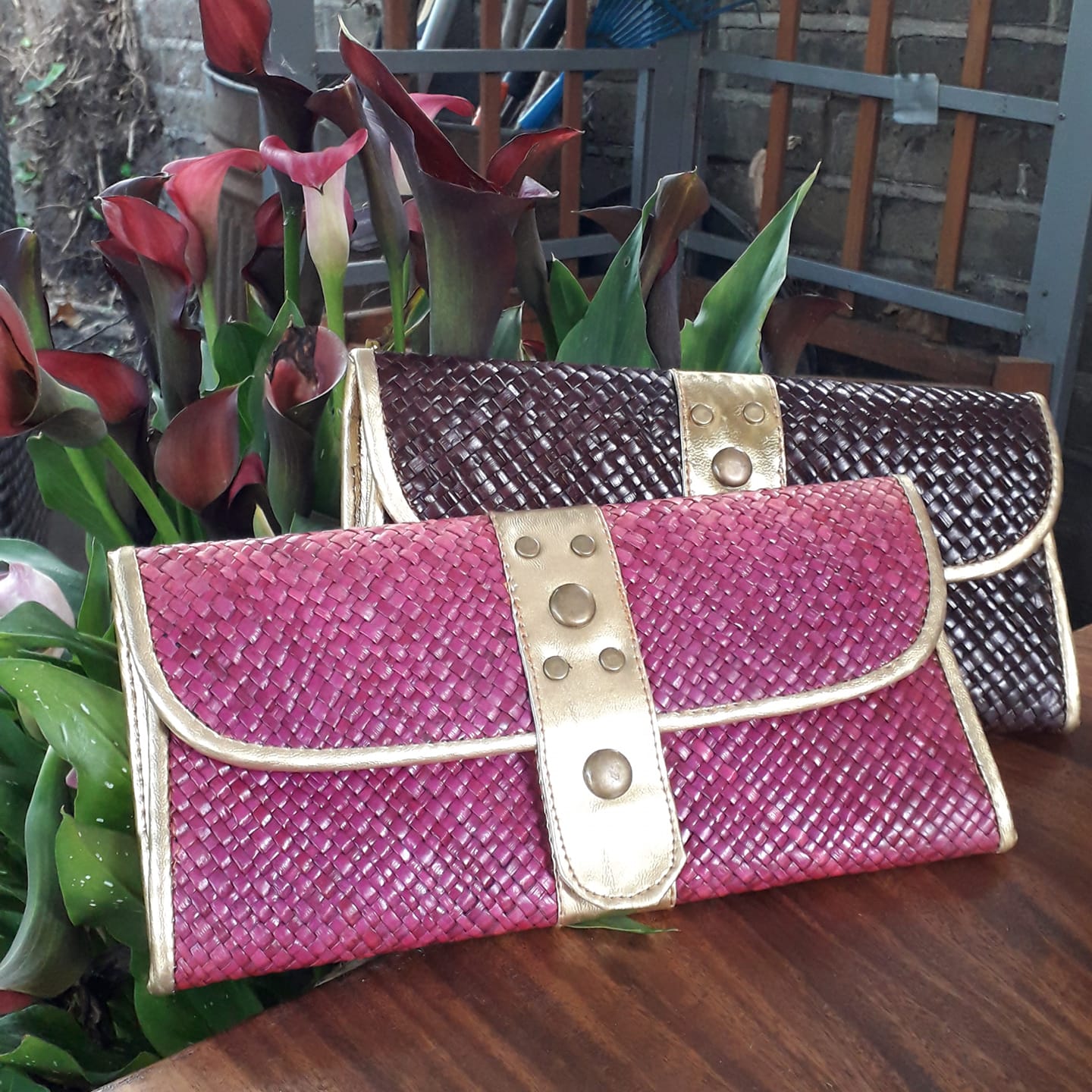 Handmade purses in pink and dark colours